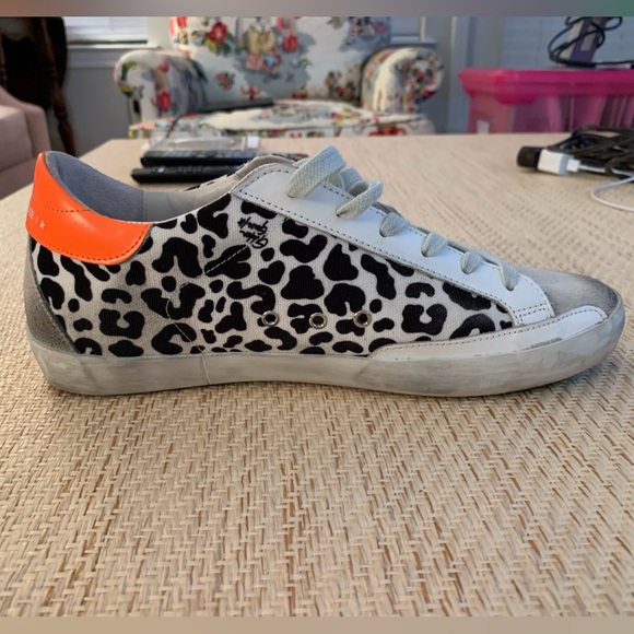 Golden Goose Superstar sneakers. B&W print w neon yellow & orange accents. EUC. - Picture 6 of 9